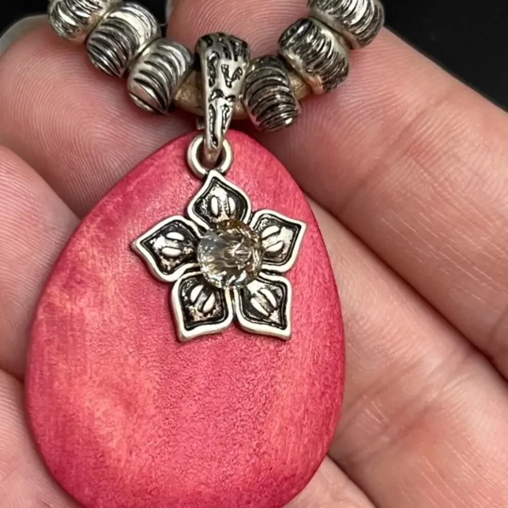 New York & Company Red Dyed Wood Pendant Leather Cord Necklace